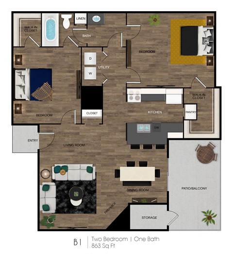 A floor plan of a two bedroom apartment with one bathroom.